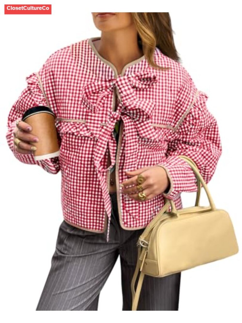 Women's Plaid Quilted Cropped Jacket Tie Front Ruffled Puffer Coat